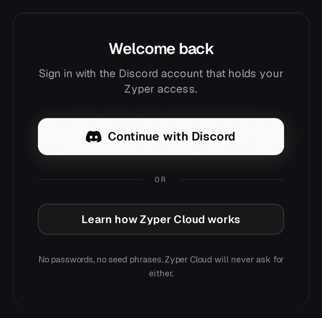 Zyper Cloud sign-in screen with the Continue with Discord button